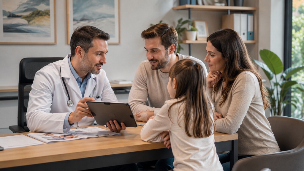 Familia consultando opciones de cobertura médica junto a un asesor